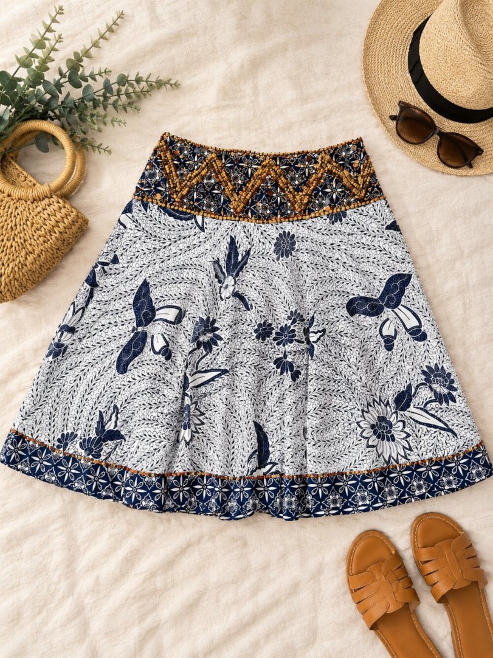 Haven Bleu Medium Boho Floral A Line Skirt Beaded Embellished